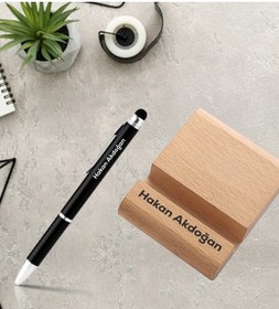Resim Yaprak Hediyelik Kişiye Özel Ahşap Telefon Tablet Tutucu Ve Touch Pen Özellikli Kalem 