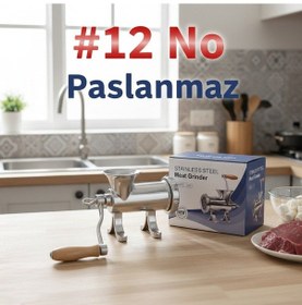 Resim 12'lik Paslanmaz Çelik Kıyma Makinesi Kollu Dayanıklı Ve Hijyenik Makina Metalik 