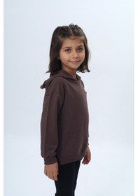 Resim Kız Çocuk Relax Fit Kapüşonlu Düşük Omuz Nakışlı Sweatshirt - Cep Detaylı Mor 