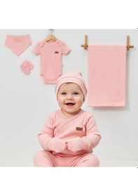 Resim Milays 0-3 Ay Bebeklere %100 Pamuk Çıtçıtlı Body Li Havlulu 7 Parçalı Zıbın Takımı Somon 