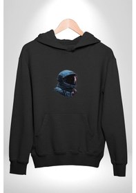 Resim Uzay Boşluğuda Astonot Kadın Erkek Siyah Kapüşonlu Sweatshirt Hoodie Siyah 