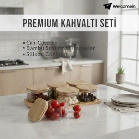 Resim Welcomein 6'lı Bambu Vakumlu Kapaklı Standlı Borosilikat Cam Kahvaltılık Seti 