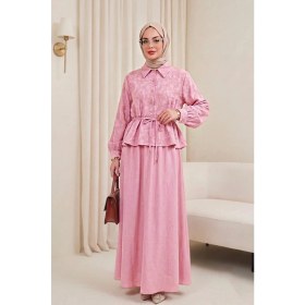 Resim Moda Morfo Taşlı Düğmeli Beli Bağlamalı Etekli Jakar Takım -Pembe 