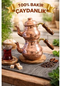 Resim El Dövme Bakır Çaydanlık Takımı 0,5 L 1 L Ahşap Saplı Kahverengi 