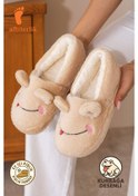 Resim Albishoes Kışlık Içi Tüylü Kadın Ev Ayakkabı Kurbağa Figürlü Kaydırmaz Rahat Taban Panduf Ev Botu Bej 