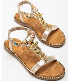 Resim Kadın Düz Topuklu Sandalet Altın Taşlı Tokalı Tekbant Örgü Baretli-4038 Altın 