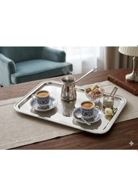 Resim Lamedore Engrave Border Büyük Boy Gümüş Kaplama Dikdörtgen Tepsi - 38x26x2 Cm Inox 