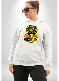 Resim Cobra Kai Karete Çocuk Yılan Logo Dizi Kadın Erkek Beyaz Kapüşonlu Sweatshirt Hoodie Beyaz 