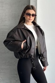 Resim Kadın İçi Kürklü Kemerli Suni Deri Mont - Oversize İçi Peluş Astarlı Premium Biker Ceket 