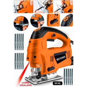 Resim Steiner Alman 4600 W Lazerli Sjs Metal Şanzuman 6 Kademe Devirli Pandül Ayarlı Dekupaj Testere Makinesi Turuncu + 15UÇ 