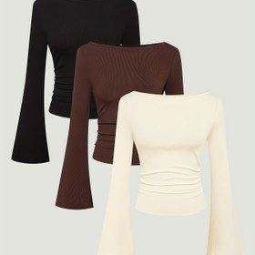 Resim 3'lü Kadın Yazlık Düz Renk Günlük Tişört - Nefes Alabilir, Rahat ve Şık Uzun Kollu, Fitilli Yaka, Günlük Giyim için Mükemmel, Günlük Giyim Üstleri | Düz Renk Üstler | Rahat Kesim, kadın üst giyim, kadın bluz, crop, gömlek kadın, t-shirt kadın, tişört kadın 