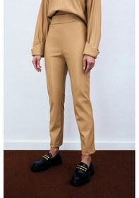 Resim Sateen Yüksek Bel Deri Pantolon - Bej-135288 Bej 