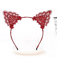 Resim Dantelli Kırmızı Kedi Tacı - Vintage Tarz Dantel Kedi Kulak 