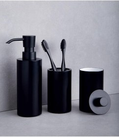 Resim DİZAYNAKS Mat Siyah Sıvı Sabunluk Diş Fırçalık Pamukluk Seti 
