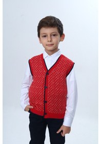 Resim Toontoy Kids Toontoy Erkek Çocuk V Yaka Düğmeli Triko Yelek - Diagonal Desenli Kırmızı 