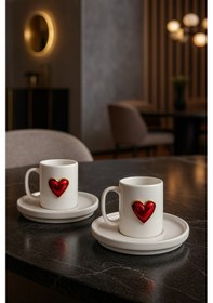 Resim 2 Kişilik Beyaz Porselen Kalpli Kahve Fincan Takımı Sunum Fincanı 
