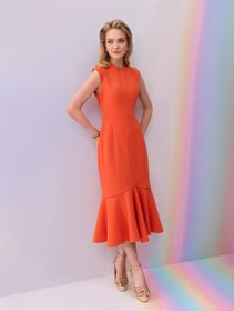 Resim Orange Ruffled Skirt Crepe Dress - 38 