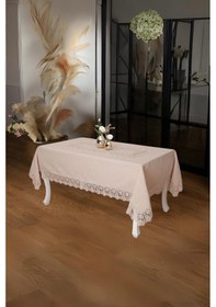 Resim Esra Lüx Dantelli Keten Kumaş Bej Masa Örtüsü 160x230 Cm - 1117 Çok Renkli 