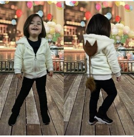 Resim Quzucuk Kids 3 Çınar Kız Çocuk Kapşonlu Kışlık Peluş Ceket Kemik 