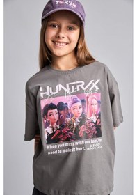 Resim Defacto Kpop - Demon Hunters Lisanslı Bisiklet Yaka Kısa Kollu Gri Tişört Kız Çocuk I0026a826hsgr505 Gri-gr505 