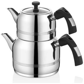 Resim Oms Collection - 8090 - M - 4 Parça, İndüksiyonlu Ocak Uyumlu, Çaydanlık Gümüş - Siyah Renk Gümüş 