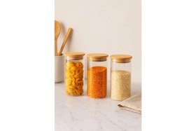 Resim Hava Geçirmez 3'lü Düz Cam Kahvaltılık Vakum Kapaklı Kavanoz Seti - 1095 ml 