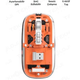 Resim Bluetooth Usb Çift Modlu Sessiz Mouse, Şeffaf Mıknatıslı Kapaklı, Type-c Şarjlı, Dpı Ayarlı, Kablosuz 10m Çekim Mesafeli, Masaüstü Kısayol Tuşlu, Taşınabilir Şarjlı Mouse Turuncu 