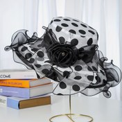 Resim Şık Kadın Geniş Kenar Güneş Şapkası - Nefes Alabilen Organza Polka Dot Tasarımı, Dalgalı Kenar Plaj Şapkası Yaz Dış Mekan Kullanımı İçin, Şık Siyah ve Beyaz Desen, Yaz Plaj Şapkası | Çiçek Süslemesi | Yapım 