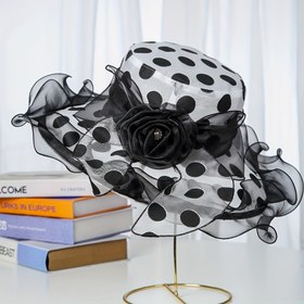Resim Şık Kadın Geniş Kenar Güneş Şapkası - Nefes Alabilen Organza Polka Dot Tasarımı, Dalgalı Kenar Plaj Şapkası Yaz Dış Mekan Kullanımı İçin, Şık Siyah ve Beyaz Desen, Yaz Plaj Şapkası | Çiçek Süslemesi | Yapım 