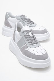 Resim Dericlub Kadın Kalın Tabanlı Bağcıklı Sneaker Gerçek Deri Cr 2554 Beyaz/gri 