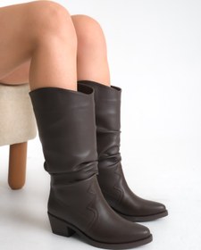 Resim Ayakkabı Delisiyim Kahverengi Deri Kadın Çizme Western Kovboy Kaymaz Taban Kalın Topuklu Ava 