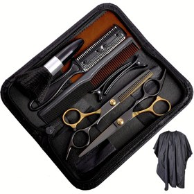Resim 8/10 Adet Saç Kesme Makası Seti, Siyah Altın Profesyonel Ev Saç Kesimi Berber/Salon İnceltme Makasları, Erkekler Kadınlar ve Evcil Hayvanlar İçin Saç Kesme Makası Karıştırma Salonu Makası 