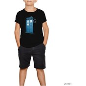 Resim Doctor Who Tardis Siyah Çocuk Tişört Beyaz 