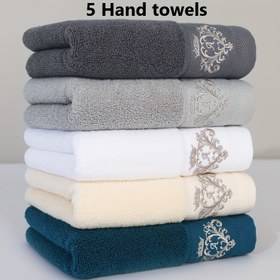 Resim 5'li set %100 saf pamuk kalınlaştırılmış yüz yıkama havluları, 450GSM taç desen nakış teknolojisi yumuşak havlu evde çok amaçlı banyo ve giyinme odası için uygun 