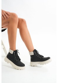 Resim Lmç-2045 Siyah-bej Taban Bağcıklı Kalın Taban Kadın Günlük Bot Acı Kahverengi 