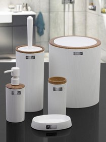 Resim Okyanus Home Mina Beyaz Ahşap Desenli Çizgili Yuvarlak 5'li Banyo Seti 