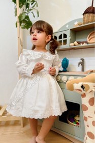 Resim penu baby kids Beyaza Beyaz Fiyonklu Uzun Kol Kız Bebek Elbise - Candy 