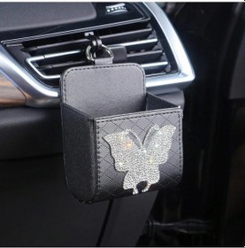 Resim Elmpaly Siyah Kelebek Desenli Parlak Araç Çıkışı Saklama Kutusu, Cep Para Kart Telefon Anahtar Mendil İçin. 