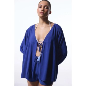 Resim Lacivert Freya Crinckle Kısa Kol V Yaka Midi Kimono 
