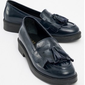 Resim Luvi Shoes Milina Laci Rugan Püsküllü Hakiki Deri Kadın Loafer Ayakkabı Lacivert 