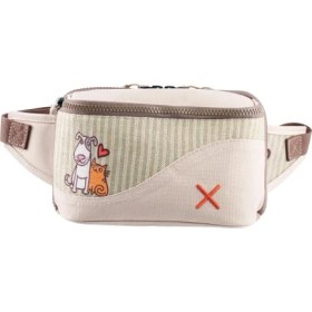 Resim Krem Rengi Kedi & Köpek Desenli Kanvas Unisex Göğüs ve Bel Çantası 