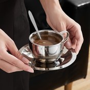 Resim Set, 304 Paslanmaz Çelik Çay Bardağı, Tabak ve Kaşık ile, 180ML/250ML Kahve Bardağı ve Tabak, Avrupa Tarzı Kahvaltı, Çay Partisi, Öğleden Sonra Çayı, Ev, Bahçe, Restoran ve Daha Fazlası İçin İçecek Bardakları, Yaz Kış İçecekleri 