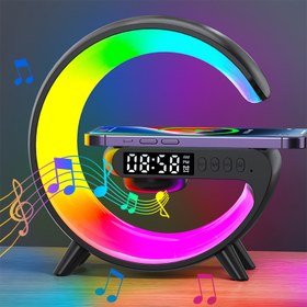 Resim G6 Kablosuz Şarj Standı Hoparlör Ped Kablosuz Şarj İstasyonu Taşınabilir RGB Gece Lambası Alarm Saati Cep Telefonu Tutucu Ses Atmosferi Masa Lambası Stereo Surround Sound Kutusu for iphone 16 15 14 13 12 Pro Max için for airpods için for samsung için for galaxy S25 S24 Xiaomi 15 
