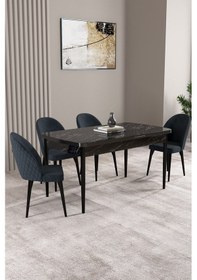 Resim Milas Siyah Mermer Desen 80x132 Mdf Açılabilir Yemek Masası Takımı 4 Adet Sandalye Antrasit 