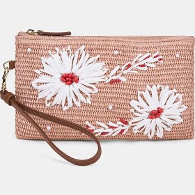 Resim Desa Kadın Somon Çiçek Motifli Boncuklu Hasır Clutch 
