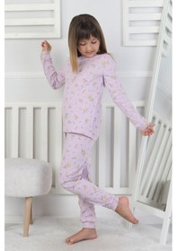 Resim Kız Çocuk Lila Çiçek Desenli %100 Pamuk Fitilli Interlok Pijama Takımı 3-8 Yaş Koyu Lila 
