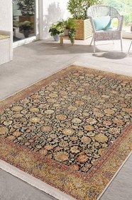 Resim RealHomes Sarı Zemin Uşak Motifli Kilim Desenli Etnik Motifler Vintage Oturma Odası Kaymaz Taban Saçaklı Halı HaliDik-Deluxe-11803, 150 x 150 