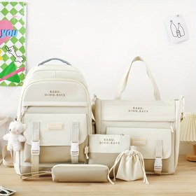 Resim 5 Parça Öğrenci Sırt Çantası Seti, Çok Fonksiyonlu Klasik Temel Okul Çantası Büyük Kapasite, El Çantası, Crossbody Çanta, Kalem Kutusu, Laptop Bölmesi Olan Bozuk Para Cüzdanı, Hafif, Fermuarlı Kapatma, Dikiş İpi, Elde Yıkama - Temel Stil, Gençler İçin 