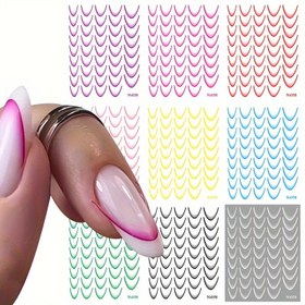 Resim Gradyan Fransız Manikür Tırnak Çıkartmaları ve Süslemeleri - 9 Yaprak/Paket, Oval Şekilli Kendinden Yapışkanlı Tırnak Sanatı, Parıltılı Çizgili Desenli Kağıt, Parlak Kaplama, Plastik Yüzeyler İçin Uzay Temalı, Tek Kullanımlık, Kokusuz 