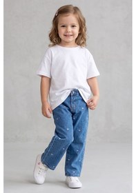 Resim Dmb Boys & Gırls Kız Çocuk Kalp Nakışlı Denim Kot Pantolon Mavi 2-7 Yaş-2791 